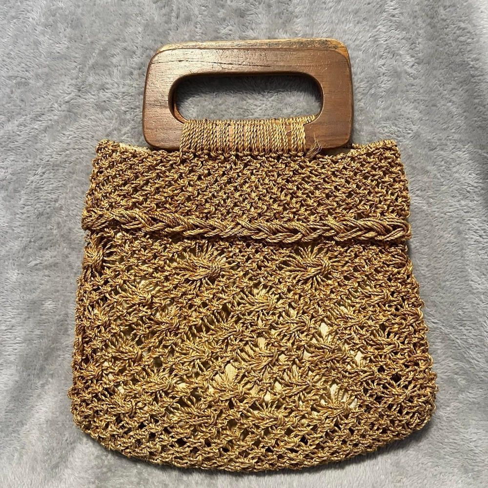 Purse Vintage Boho‎ Macrame Knotted Wooden Brown Handles Shoulder/Hand Bag EUC